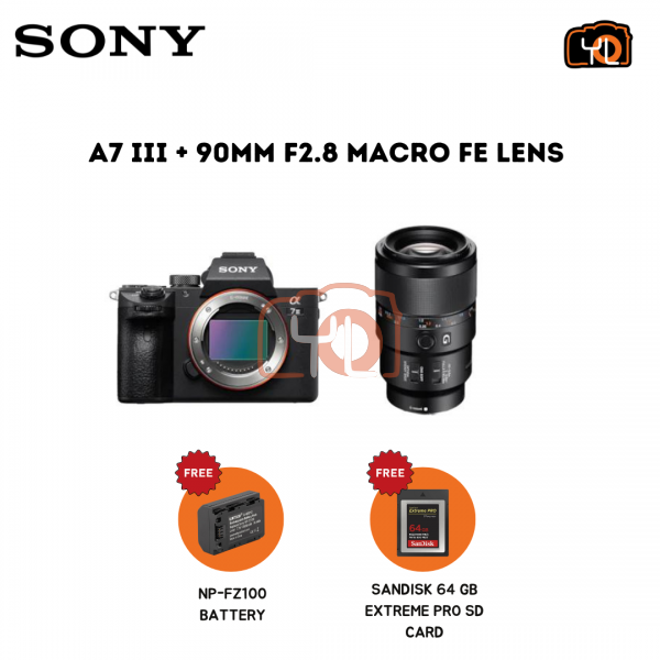 Sony a7 III Mirrorless Camera + FE 90mm F2.8 Macro G OSS Lens (Free Sandisk 64GB Extreme Pro SD Card & Extra Battery)
