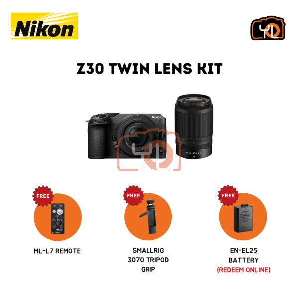 Nikon Z30 Mirrorless Camera with 16-50mm and 50-250mm Lenses ( Free Nikon ML-L7 remote & Smallrig 3070 tripod Grip & Extra Battery EN-EL25 (Battery Redeem Online)